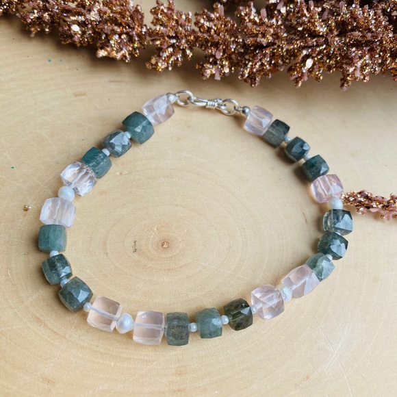 Moss Aquamarine and Rose Quartz Sterling Bracelet - Picture 2 of 2